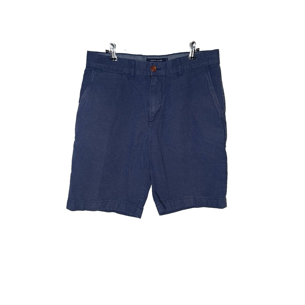 TOMMY HILFIGER Mens 32 Classic Fit Navy Blue Pindot Cotton Chino Shorts Nautical